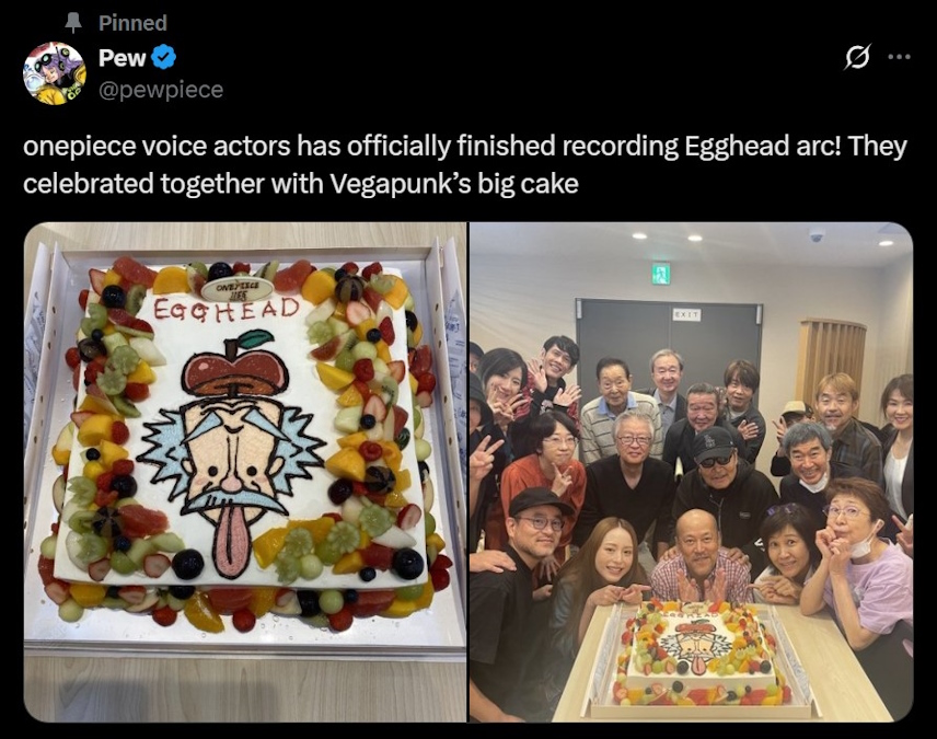 One Piece voice actors celebrating Egghead arc wrap with a cake party