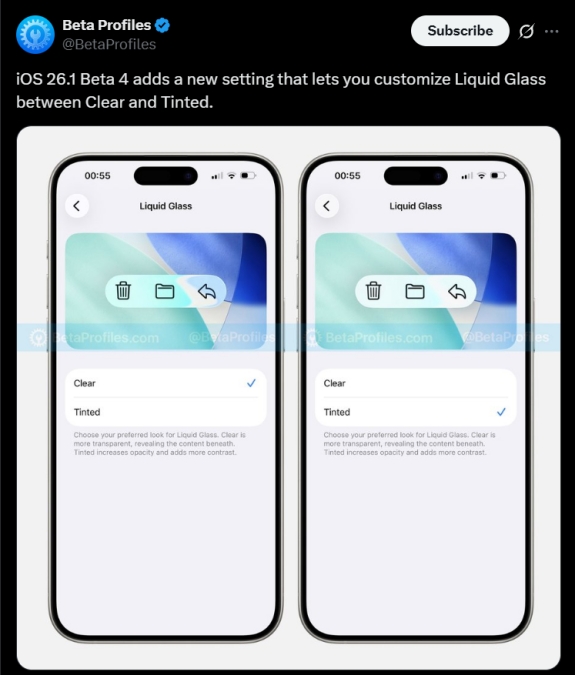 iOS 26.1 Liquid Glass Menu Screenshots from X