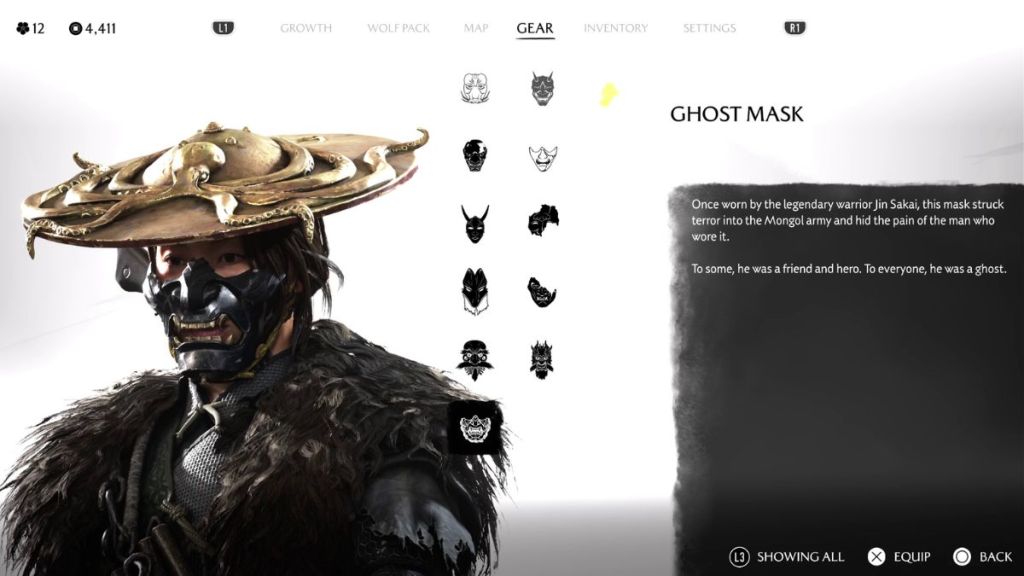 Jin's Mask Menu in Ghost of Yotei