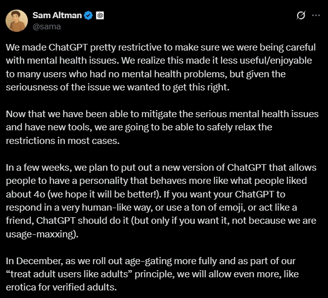 sam altman saying erotica is coming to chatgpt