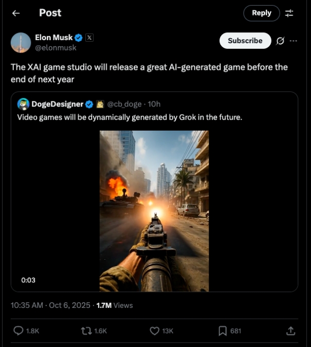 xAI-Game-Studio-game-release-date-announcement-post-by-Elon-Musk