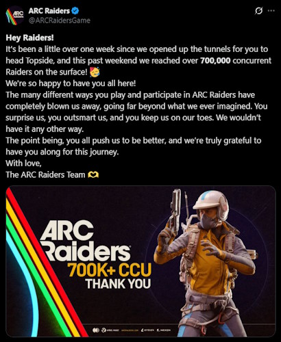 Arc Raiders player count announcement