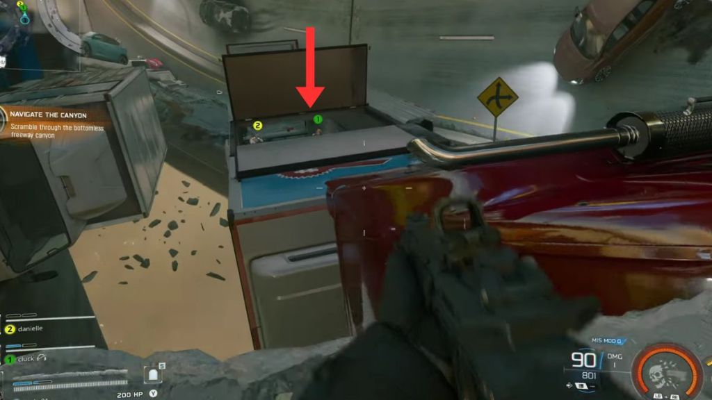 Arrow pointing to overturned truck in BO7