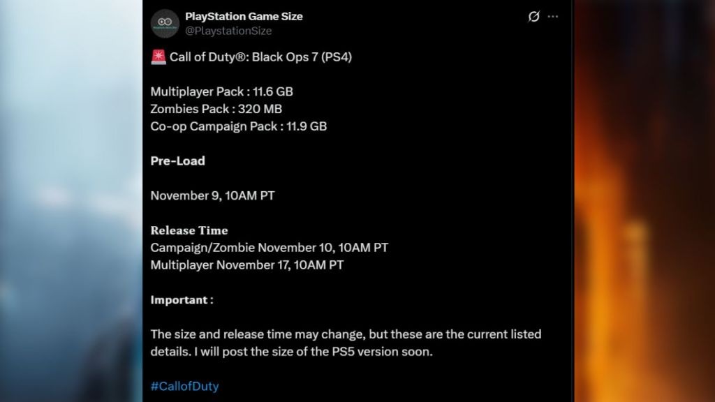 Black Ops 7 Pre-Load Details shared by PlayStation Game Size on X