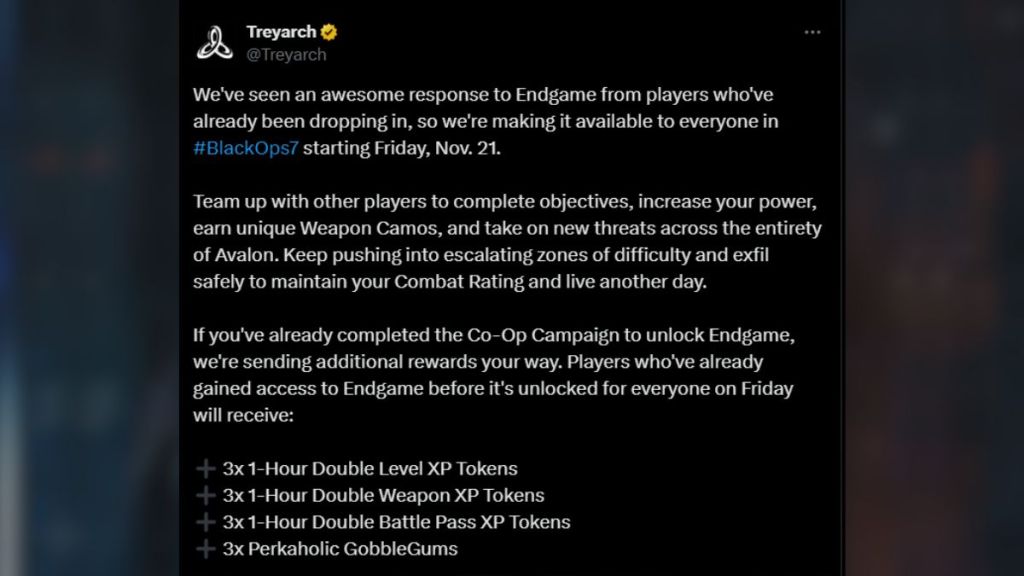Treyarch X post about Black Ops 7 Endgame