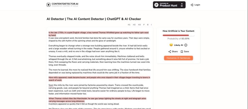 Content At Scale AI detection tool screenshot