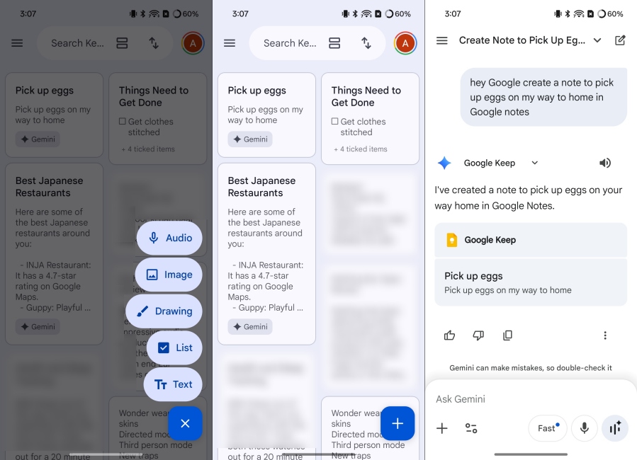 Google Keep AI Notes Screenshots side by side