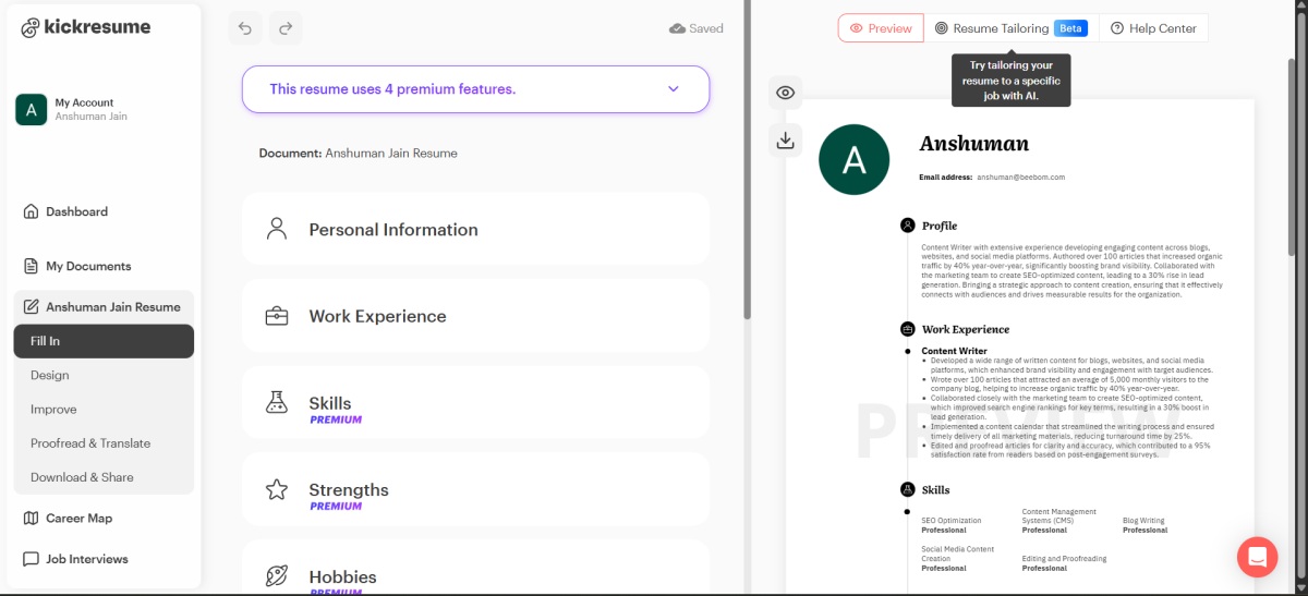KickResume AI resume writing tool screenshot
