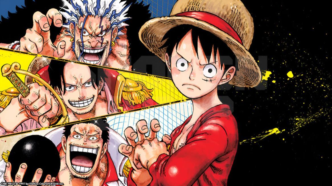 Luffy with Roger, Garp, and Rocks in One Piece manga
