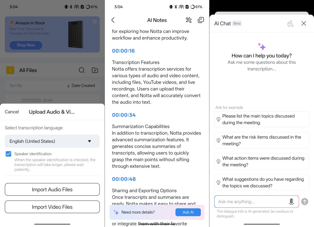 Notta AI Note Taking App Screenshots