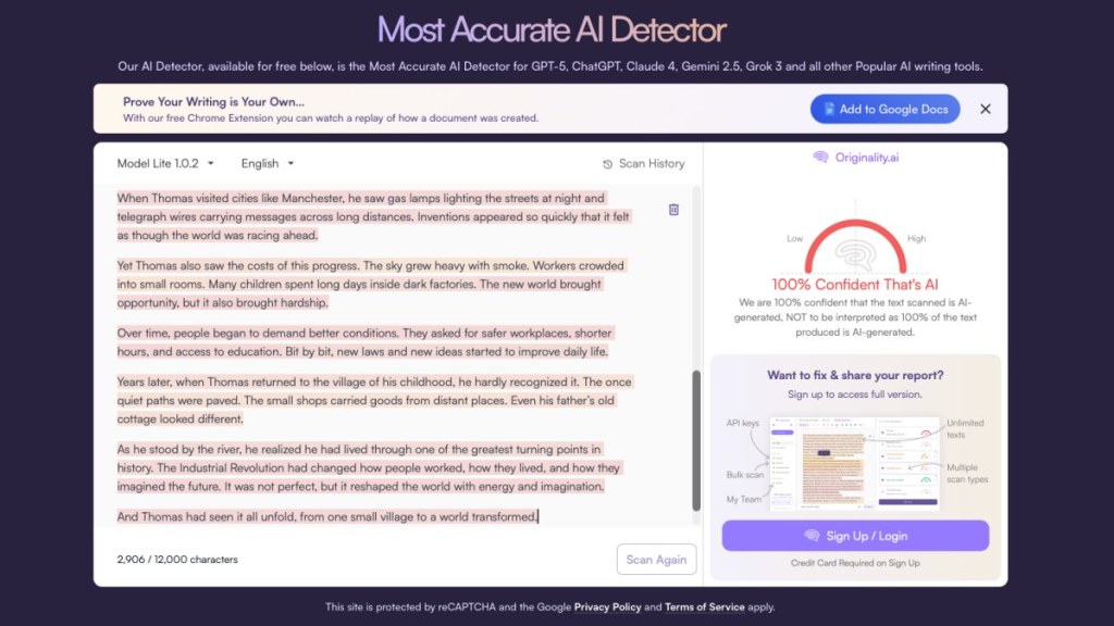 Originality.ai screenshot showing AI detected text