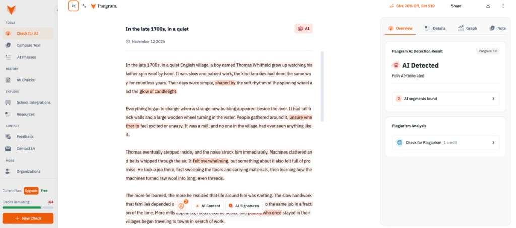 Panagram Labs AI detection tool screenshot