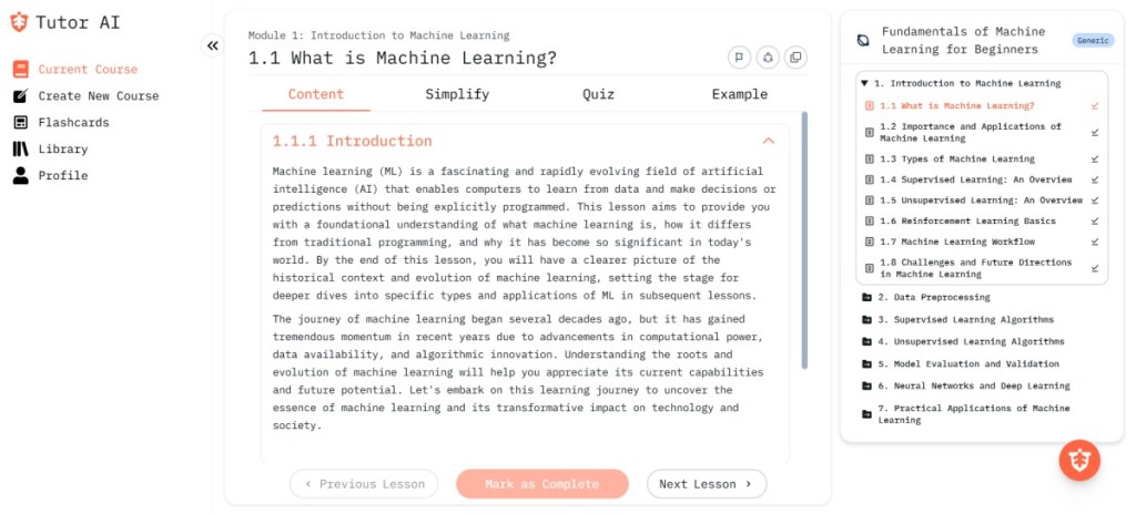 Tutor AI Learning module screenshot