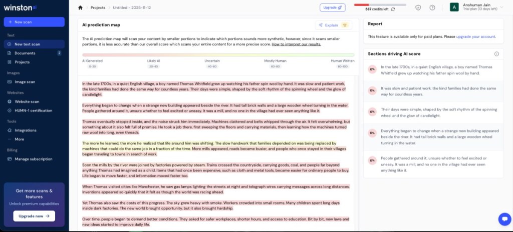 Winston AI text scanning feature screenshot