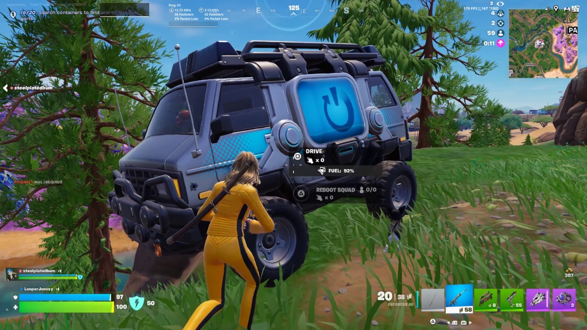 Fortnite player near a Driveable Reboot Van