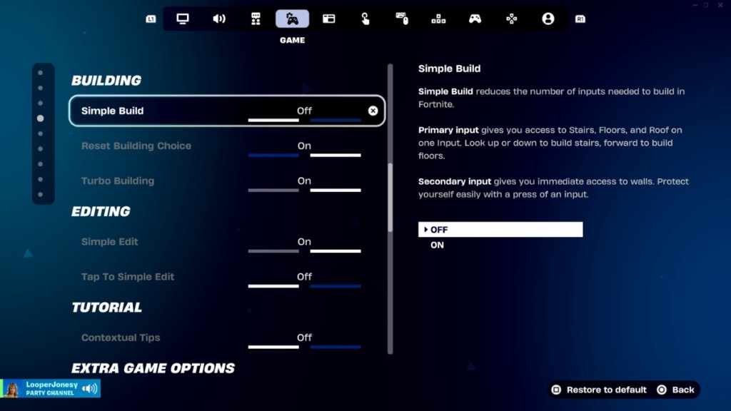 Fortnite Simple Build Setting