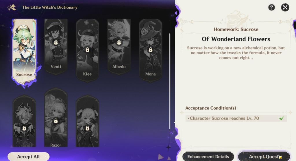 Accept Witch's Homework quest for Genshin Impact Characters