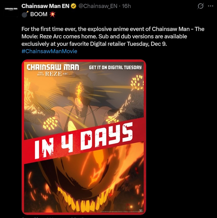 Chainsaw Man Reze Arc Movie Digital Release Date announcement