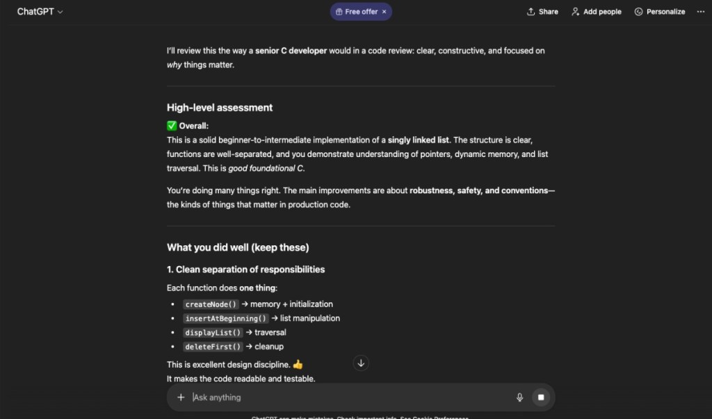 ChatGPT Reviewing a string of code screenshot