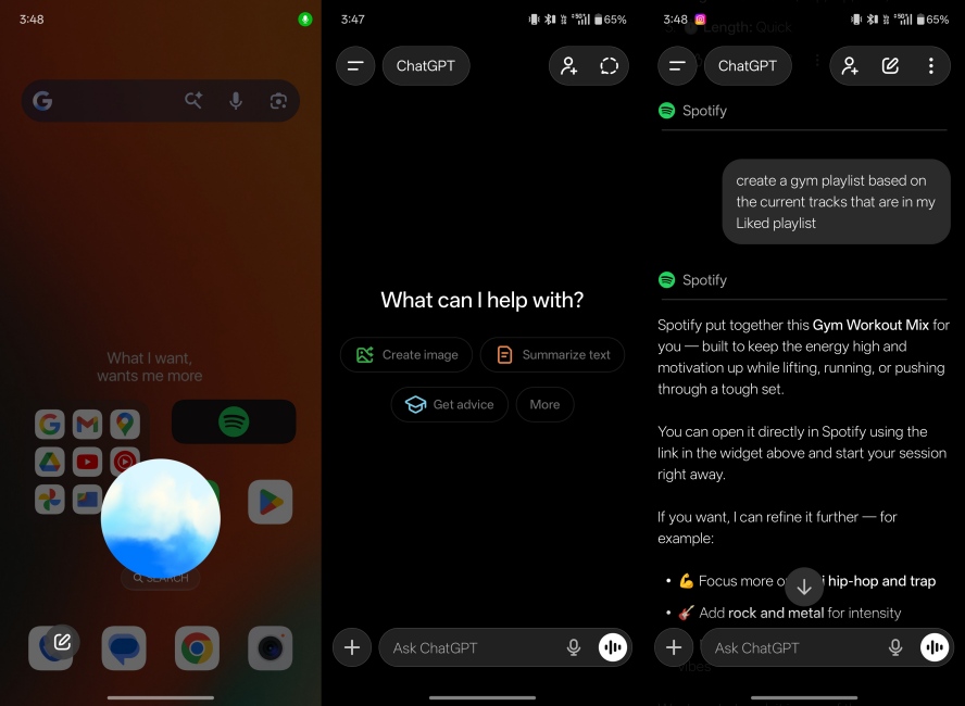 ChatGPT voice mode and Spotify integration screenshots