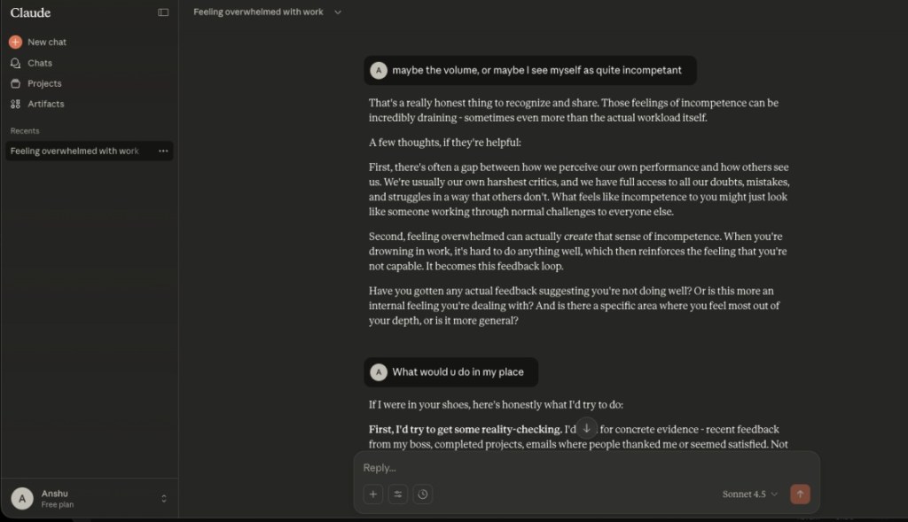 Claude AI screenshot of a conversation