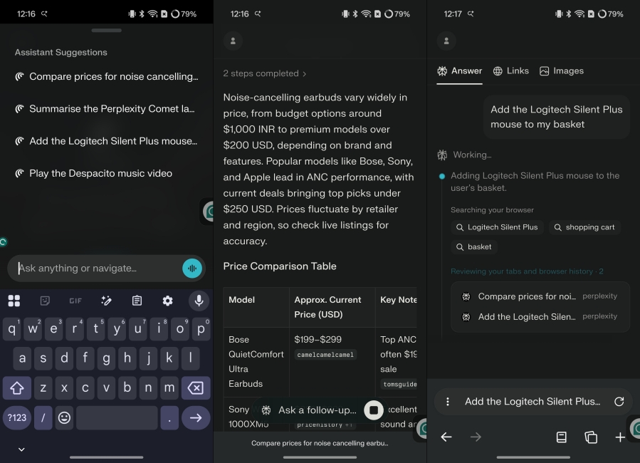 Comet Browser Search Results Screenshots