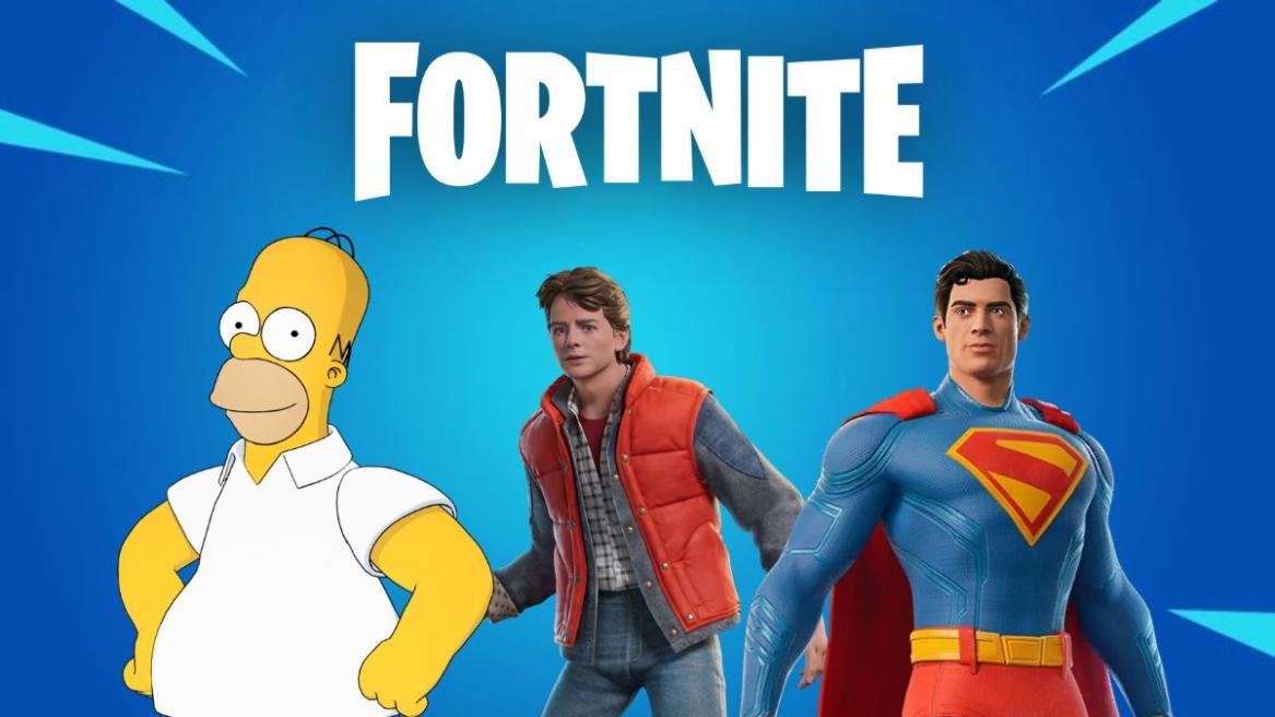 Homer Simpson, Marty McFly, and Superman skins in Fortnite
