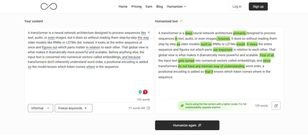 GPTinf text AI humanization screenshot