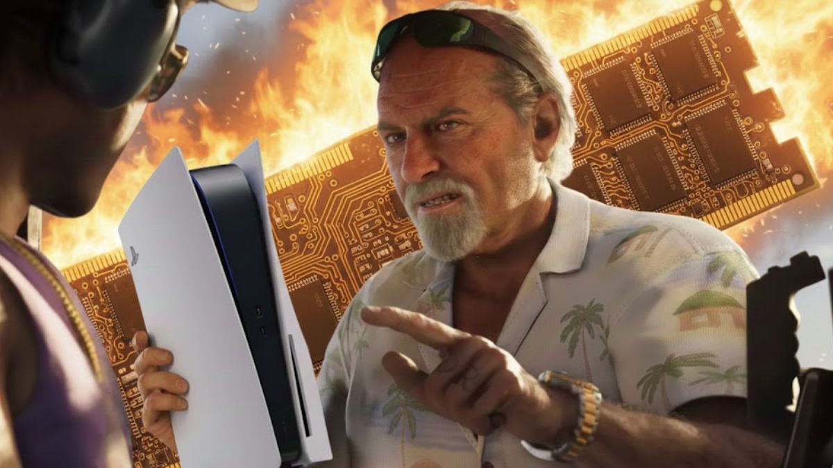 GTA 6's Brian holding a PS5, with a RAM stick on fire in the background