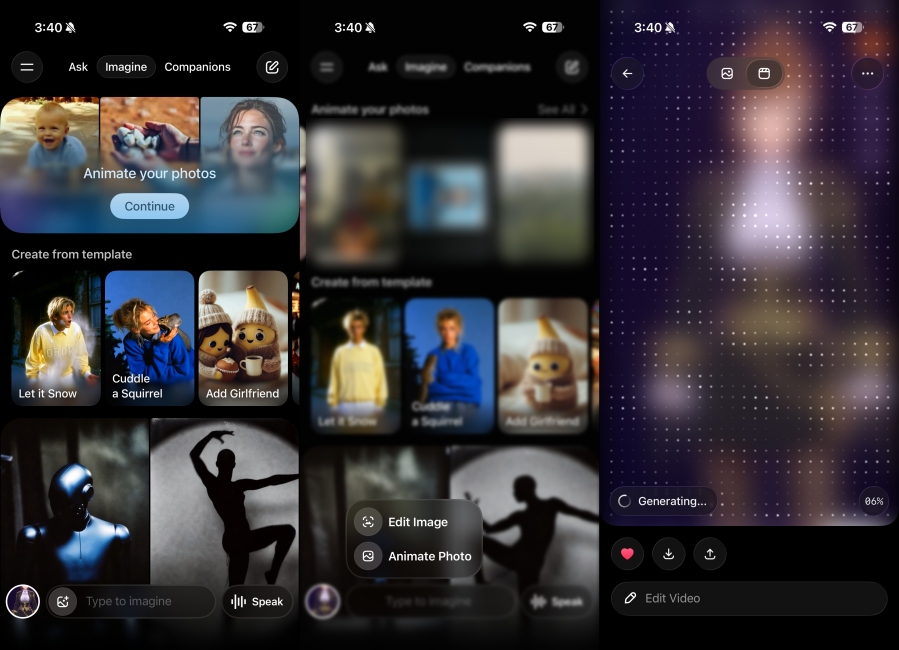 Grok AI Image Animating feature showcased in screenshots