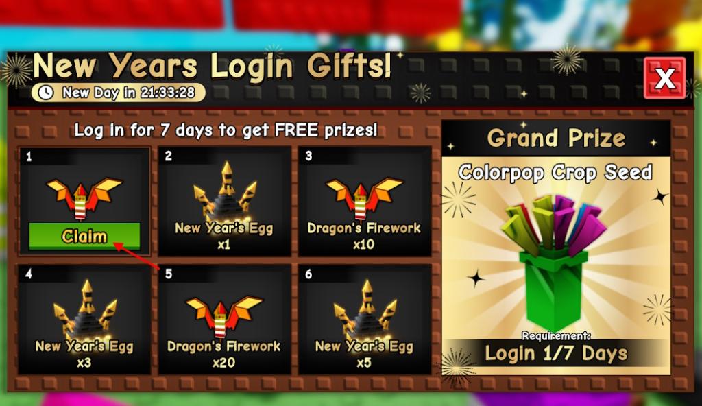 Grow a Garden New Years free rewards login gifts