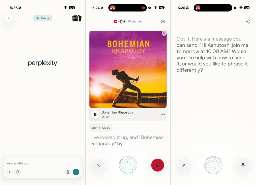Perplexity AI assistant screenshots on iOS