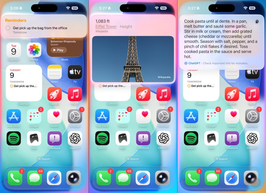 Siri with ChatGPT screenshots of iPhone
