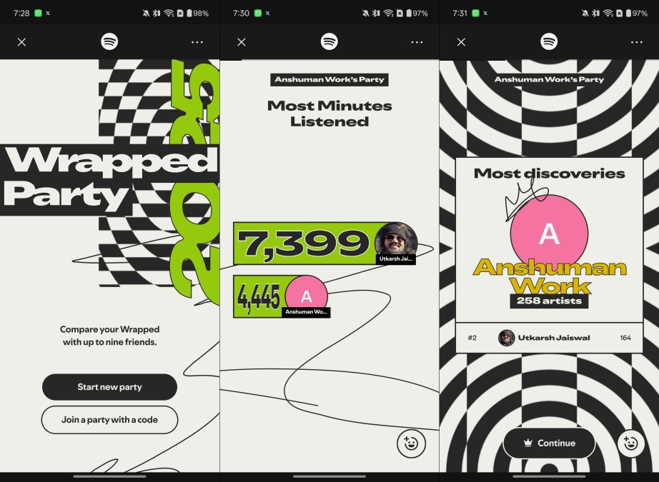 Spotify Wrapped 2025 Party Feature Screenshots