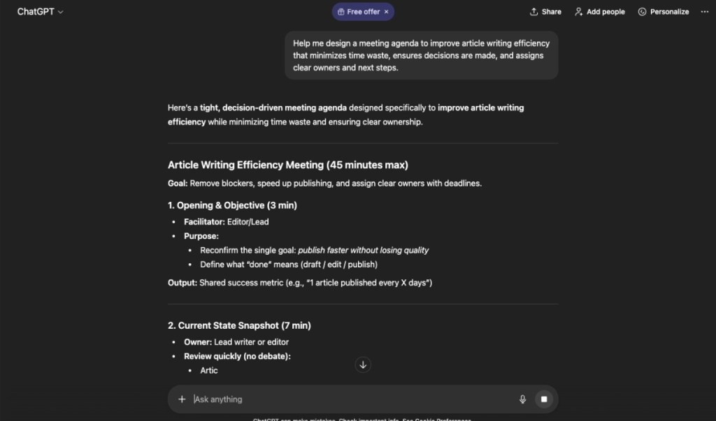 Writing prompt to improve productivity in AI