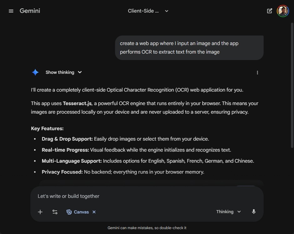 asking gemini to create an OCR app