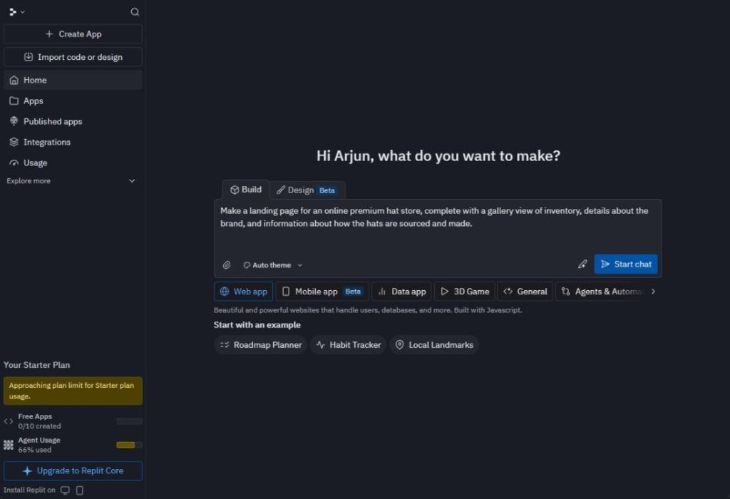 asking replit to create a landing page