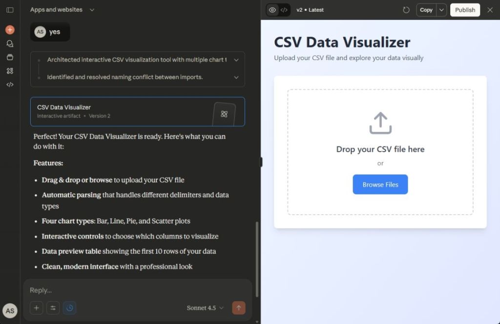 claude creating a CSV to data visualizer AI app