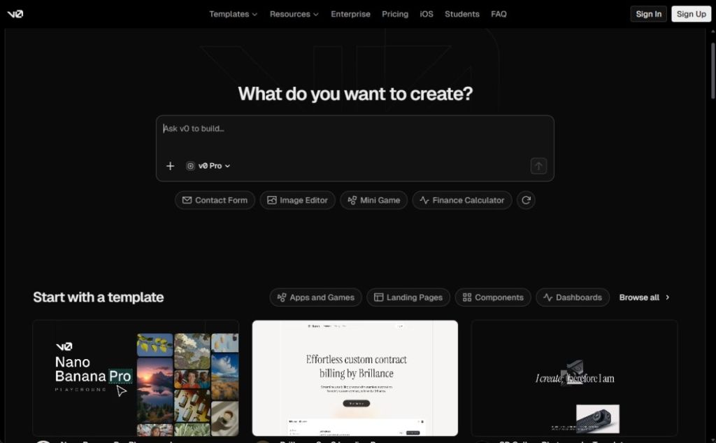 v0 by vercel homepage