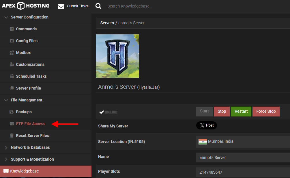 Apex hosting Hytale Server Panel