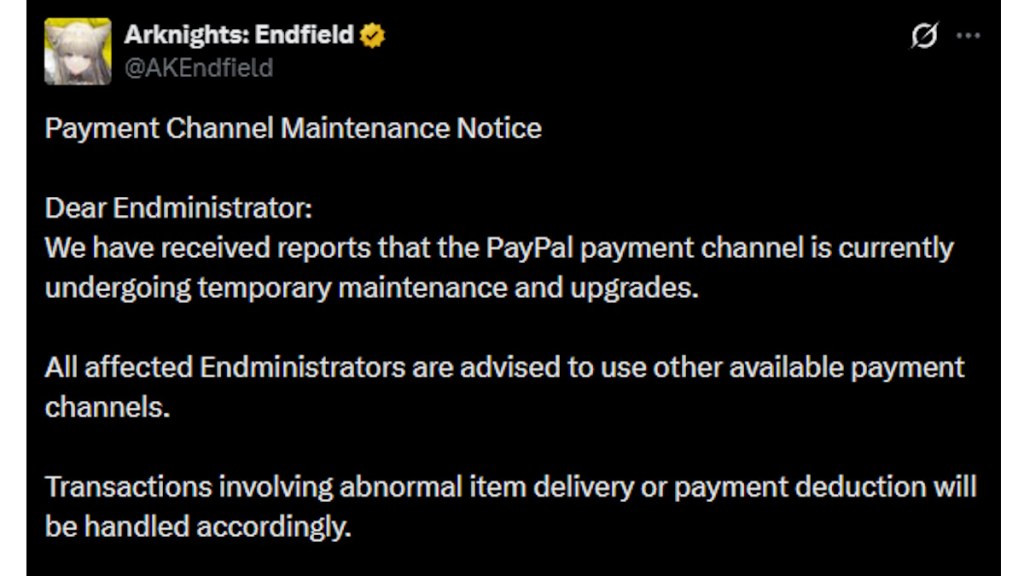 Arknights Endfield paypal issue X post
