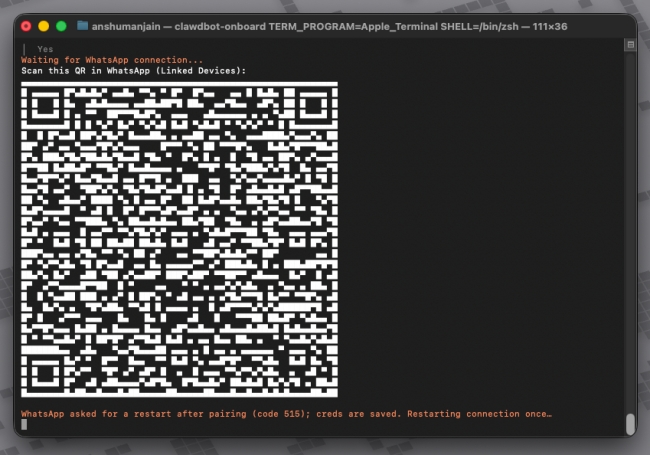 Clawdbot Mac Terminal Showing WhatsApp QR Code