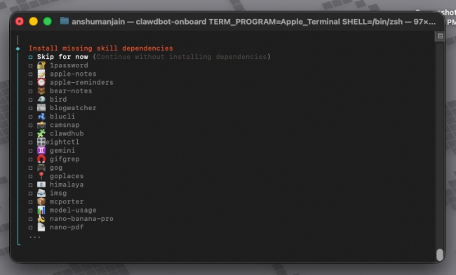 Clawdbot add skills screen on Mac Terminal