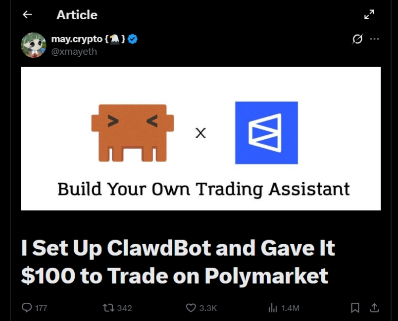Clawdbot article on X using to trade on Polygon screenshot