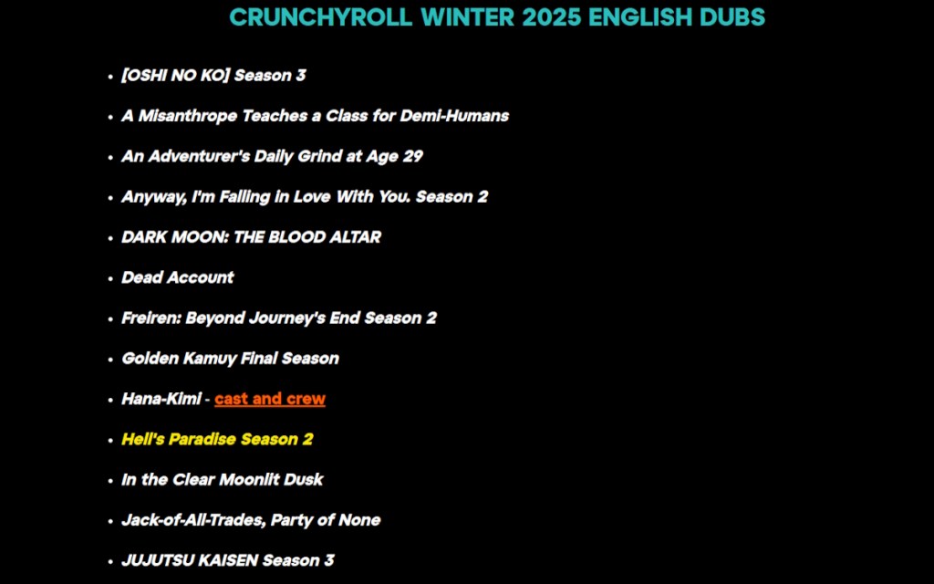 Crunchyroll winter English dub line up
