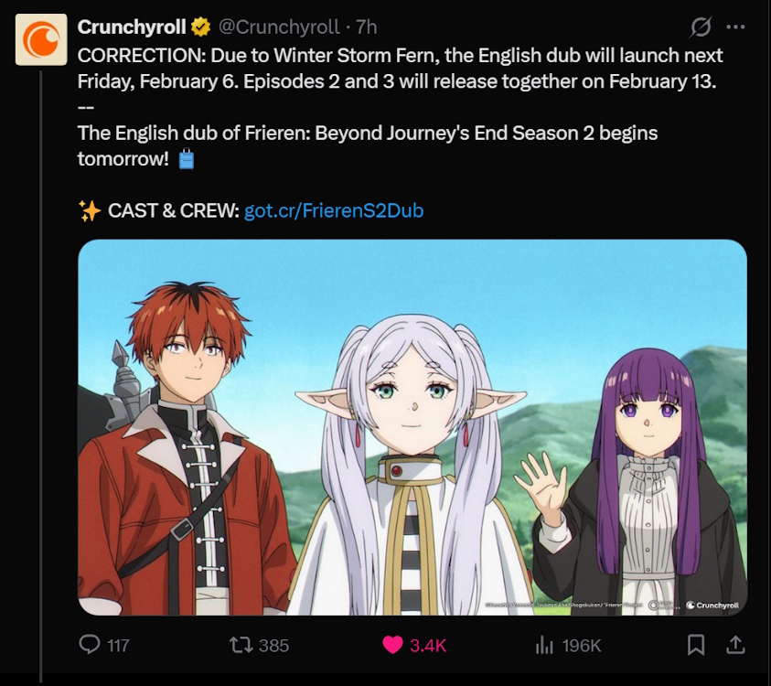 Crunchyroll's Frieren Season 2 English Dub release date announcement