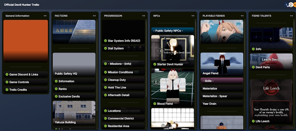 Devil Hunter trello board