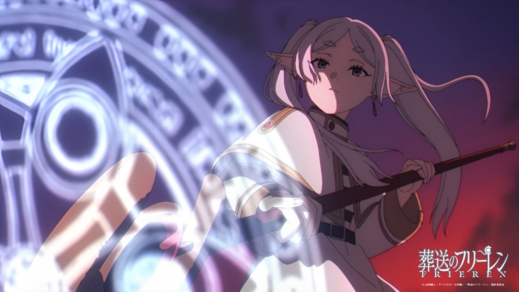 Frieren fighting with her magic staff