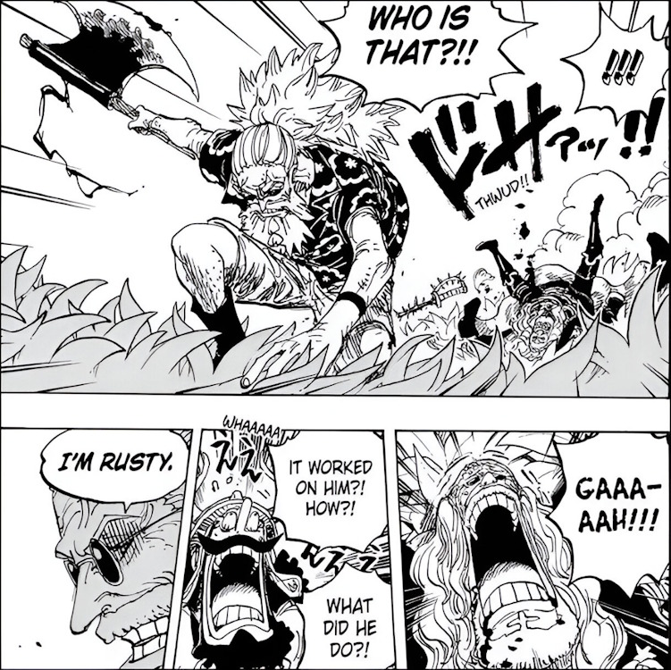 Scopper Gaban attacking St. Sommers with Conqueror's Haki