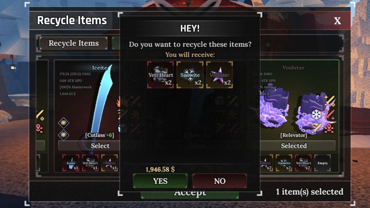 Tela de reciclagem mostrando armas e armaduras com custo para reciclar em The Forge